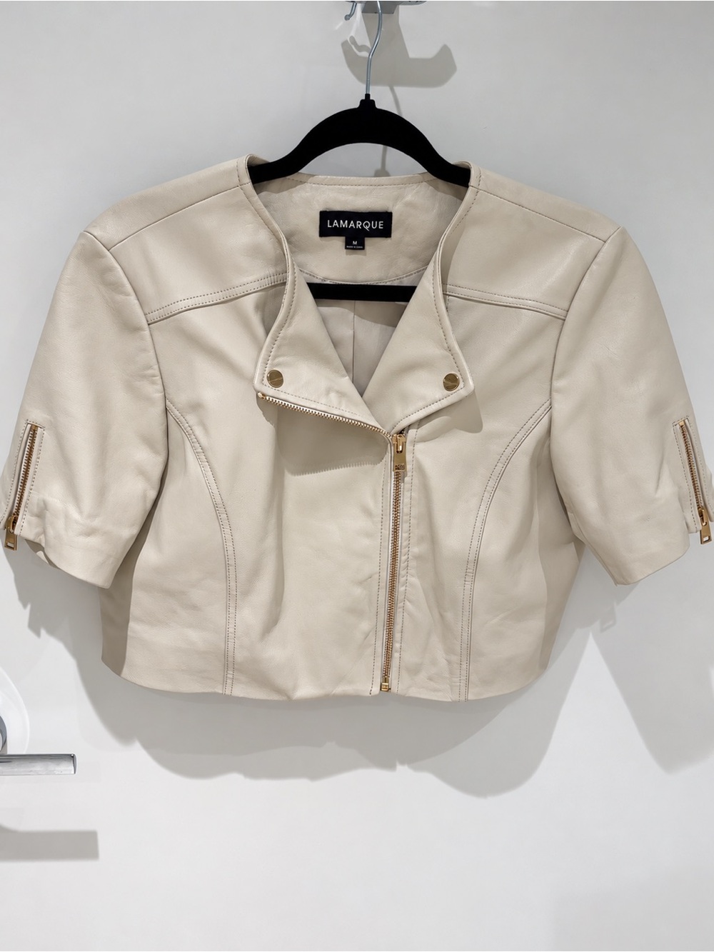 Lamarque Off-White Cropped Leather Moto Jacket with Gold Hardware